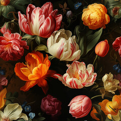 Seamless vector background with colorful tulips. Vintage oil painting still life style.
