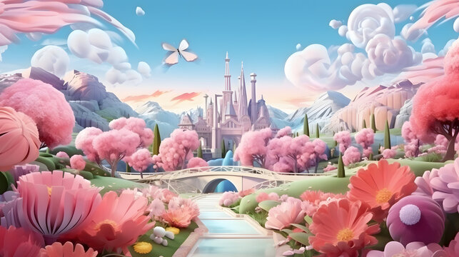 A Dream Wonder Land Made Out Of Lush Flower, A Fancy Sweet World Illustration. Generative AI