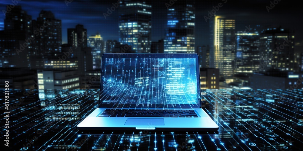 Wall mural open laptop with lines of code transforming into a digital cityscape , concept of connection, create