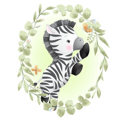 Fototapeta na wymiar Cute zebra with leaf wreath watercolor illustration