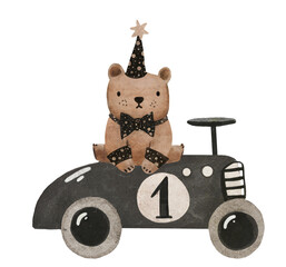 Cute watercolor teddy bear koala giraffe animals driving a car circus element transport illustration. Retro vintage vehicle journey on a road. 