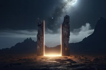Fotobehang Abstract portal stone gate with neon glowing light in the dark space landscape of cosmic, rocky mountain stone field, spectrum light effect, with Generative Ai. © TANATPON