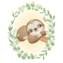 Cute sloth with leaf wreath watercolor illustration