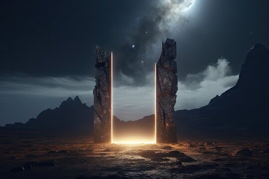 Abstract portal stone gate with neon glowing light in the dark space landscape of cosmic, rocky mountain stone field, spectrum light effect, with Generative Ai.
