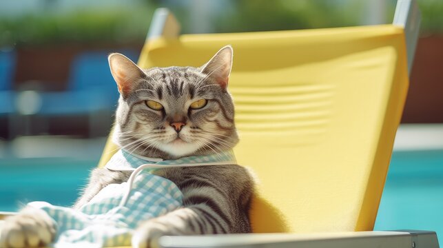 a cat wearing on beach chair on vacation by the swimming pool, Generative AI