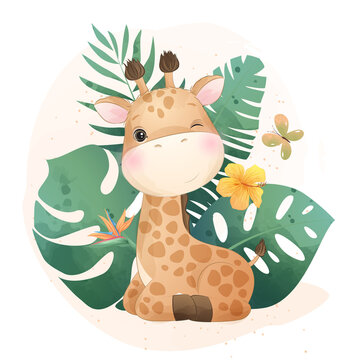 Cute Giraffe Tropical Safari Animal With Tropical Leaves Watercolor Illustration