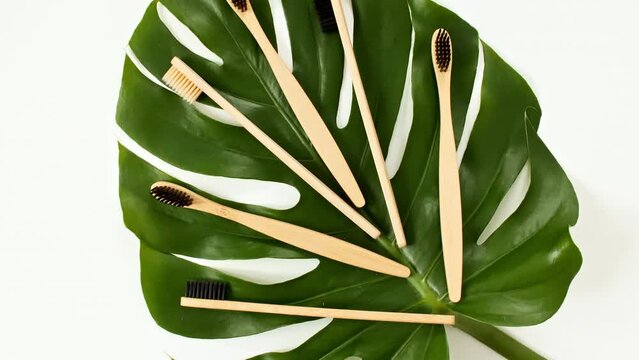 Eco-friendly biodegradable Bamboo toothbrush. No plastic. Conscious minimalism Vegan lifestyle. Reuse reduction concept. High quality 4k footage