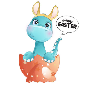 Cute Dinosaur With Easter Egg Happy Easter watercolor illustration