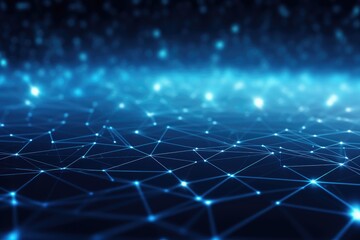 Abstract blue technology background with a cyber network grid and connected particles. Artificial neurons, global data connections - Generative AI