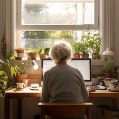 Mature woman, senior, seen from behind, working on a computer at home, generative IA