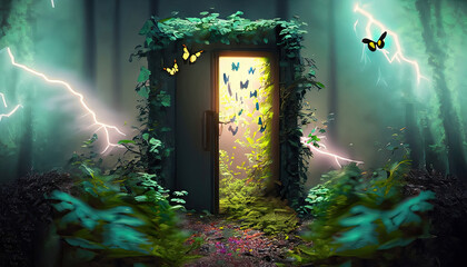 Obraz na płótnie Canvas small door in a forest realistic lots of foliage with small butterflies thunder storm 4k