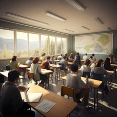 Classroom full of students, during a lesson. Generative IA