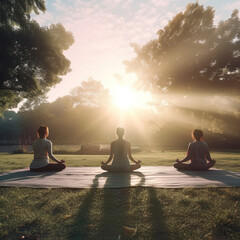 Young women doing yoga in a park, back view. Generative IA.