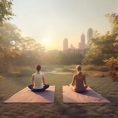 Two young women doing yoga in a park, back view. Generative IA.