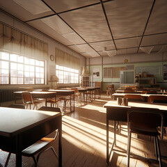Bright, empty classroom before class. Generative IA