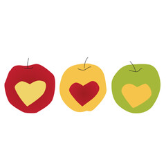 Set of red, yellow and green apples and with a heart in the middle isolated on white background stock vector illustration.