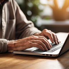 An elderly person's hands typing on a computer keyboard, generative IA