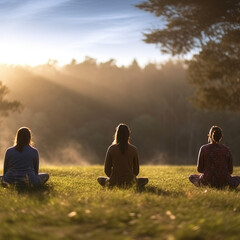 Young women doing yoga in a park, back view. Generative IA.