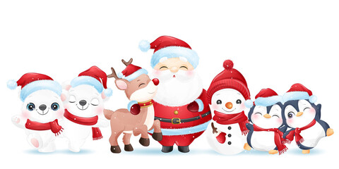 Obraz na płótnie Canvas Cute animals Christmas winter watercolor illustration