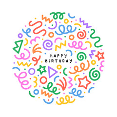 Fun colorful happy birthday doodle greeting card template. Creative party invitation for children celebration with modern shapes. Simple upbeat anniversary drawing decoration.