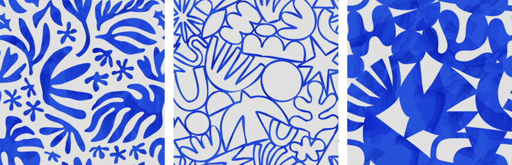 Abstract watercolor flower nature art seamless pattern illustration. Modern hand drawn floral painting, spring acrylic paint drawing background. Blue color flowers wallpaper print.