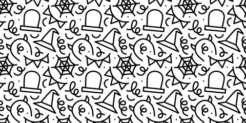Happy halloween party seamless pattern. Funny cartoon line doodle background illustration of scary autumn celebration decoration in black and white.	