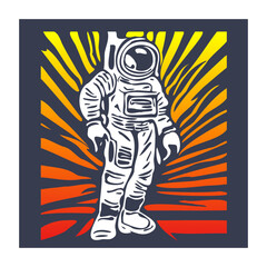 Vector simple stencil of an astronaut in a spacesuit. Colored square sticker or icon. Cosmonaut in full growth from wavy shapes.
