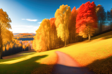 Picturesque natural autumn landscape with sun, blue sky, road and beautiful trees with red and orange foliage. Generated by AI.