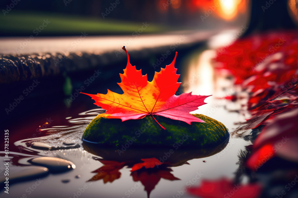 Poster beautiful bright red autumn maple leaf close-up on a stone in the forest with reflection in the wate
