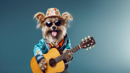 Cool looking Yorkshire terrier dog wearing fancy funky fashion jacket and sunglasses with hat playing guitar, isolated on dark blue background. Digital illustration generative AI.