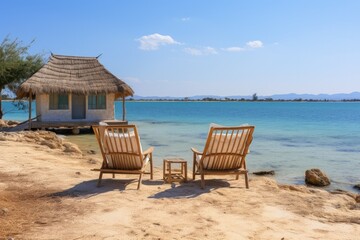 Vacation summer, golden sandy beach,sitting on sun lounger chair right on beach by sea by the water, empty pristine white sandy beach with shallow water. Carefree rest relaxation peace Inspiration