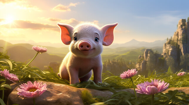 Cute little baby pig smiling with natural sun light in flower field. 3D render cartoon animation style. Digital illustration generative AI.