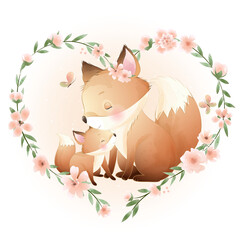 Cute fox parent child with floral wreath watercolor illustration