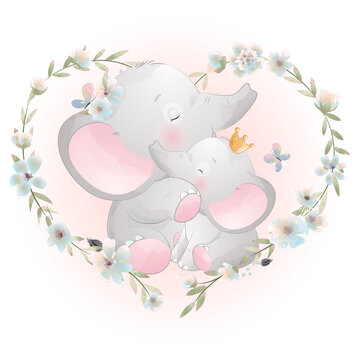 Cute elephant parent child with floral wreath watercolor illustration © MagicalPlanet