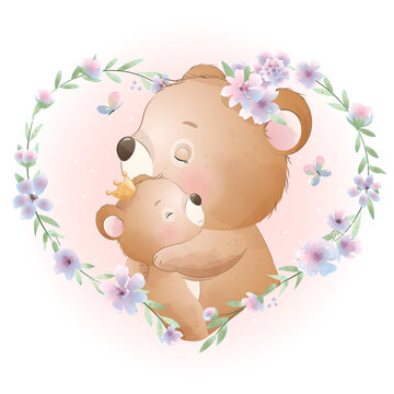Cute bear parent child with floral wreath watercolor illustration