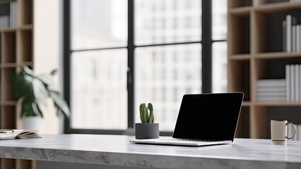 Modern Office Workspace with Laptop on Table for Business. Copy Space Available