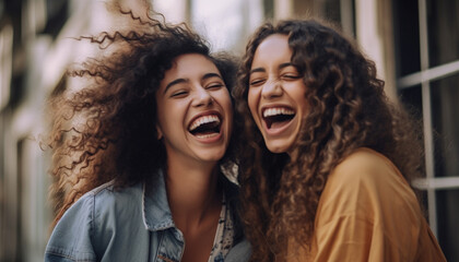 Fototapeta premium Two young women, one with curly brown hair, laughing outdoors generated by AI