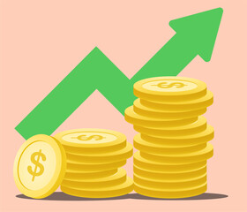 3d vector illustration of a pile of coins with an accent graphic in background