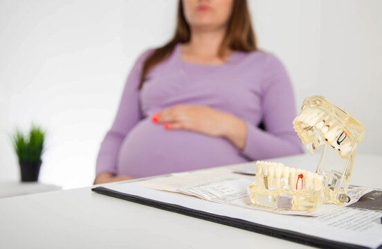 Pregnant girl in the dentist's office. The concept of treatment of caries and pulpitis during pregnancy. Elimination of foci of infection in the mouth. Inflammation of the gums, gingivitis. 