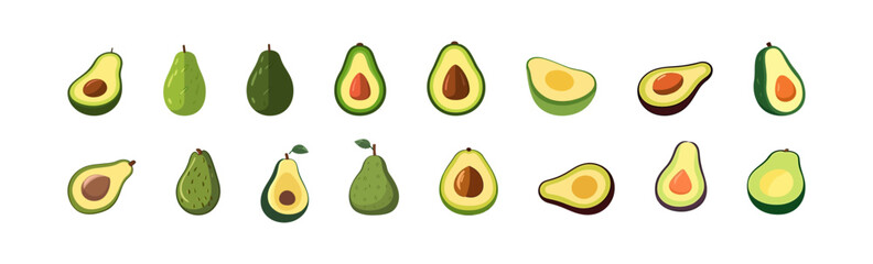Avocado set flat cartoon isolated on white background. Vector illustration