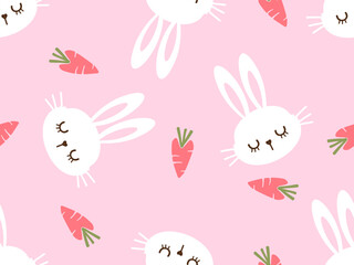 Seamless pattern with bunny rabbit cartoons and cute carrot on pink background vector illustration. Cute childish print.