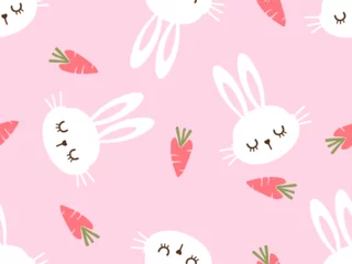 Foto auf Glas Seamless pattern with bunny rabbit cartoons and cute carrot on pink background vector illustration. Cute childish print. © Thanawat