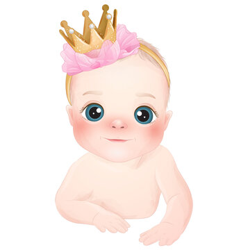 Cute baby girl newborn baby shower watercolor illustration