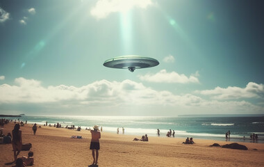 UFO catching people on the beach at sunny day. Generative AI.