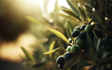 Fototapeta na wymiar Close up of olive tree. Field of olive agriculture in summer. Generative AI.