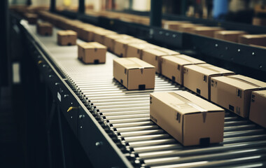 Close-up view of several cardboard packages moving along a conveyor belt in a warehouse, e-commerce and delivery distribution center. Generative AI.