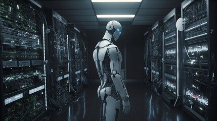 Fototapeta na wymiar Robot standing hold in server rooms