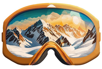 Ski googles and snowy mountains, transparent background 