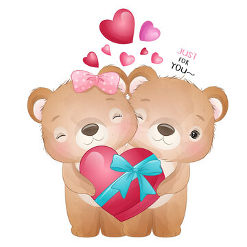 Cute bear valentine sweet love watercolor illustration