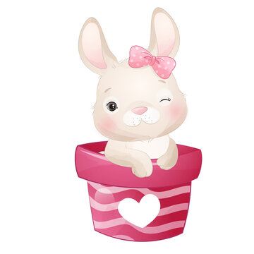 Cute rabbit with love valentine sweet love watercolor illustration